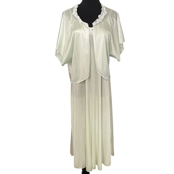 Vintage 80s Nylon Satin Slip Dress Peignoir Set Mint Green Lace Bed Jacket Sz S - Picture 4 of 13